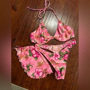 EUC Deadstock Venus Swimwear Pink Hibiscus Thong Bikini Set with Cover Size Med